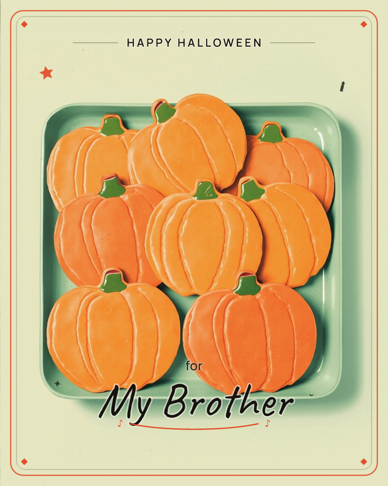 A square mint-green plate is piled with pumpkin-shaped sugar cookies, each iced in glossy orange with piped ridge lines and a little green stem, a halloween e-card design