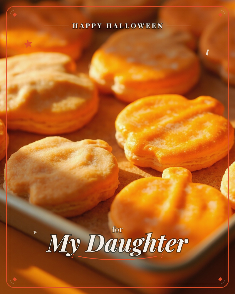 A close-up of pumpkin-shaped cookies glazed in glossy orange icing, arranged on baking paper inside a metal tray, a halloween e-card design
