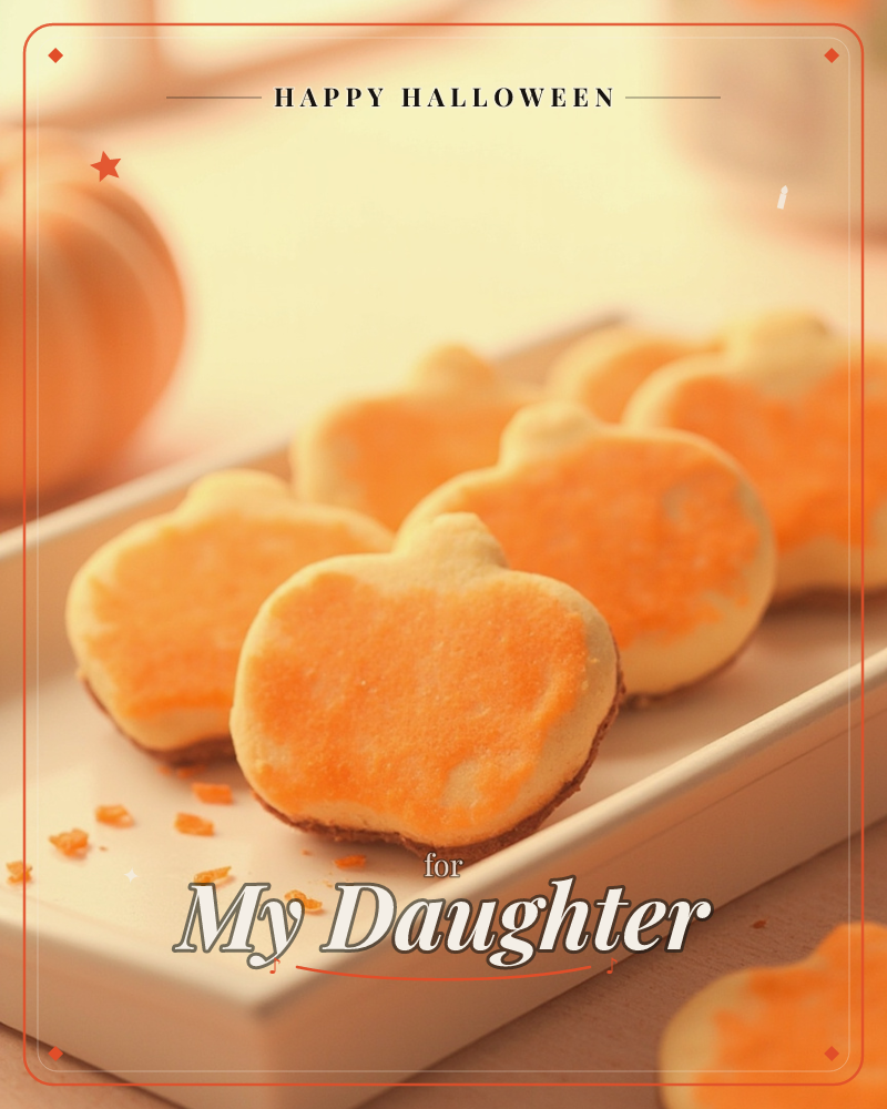 A tray of pumpkin-shaped sugar cookies sits by a sunlit window, each one iced in bright orange with a scattering of sugar crystals catching the light, a halloween e-card design
