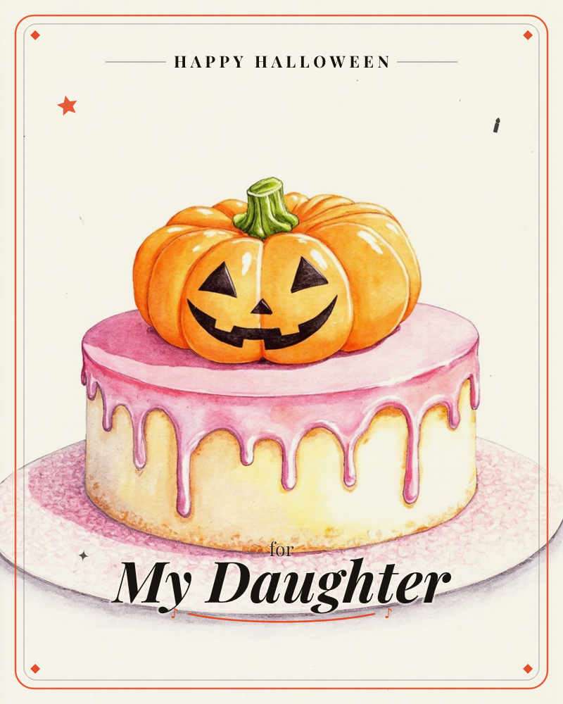 A round frosted cake sits on a pale pink plate with pink icing dripping down its cream-coloured sides, topped by a glossy orange pumpkin carved into a…, a halloween e-card design