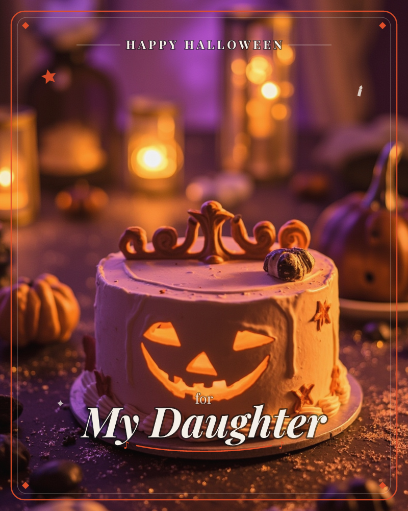 A round frosted cake carved with a glowing jack-o'-lantern face sits centre stage, its crown-shaped topper silhouetted against soft candlelight, a halloween e-card design