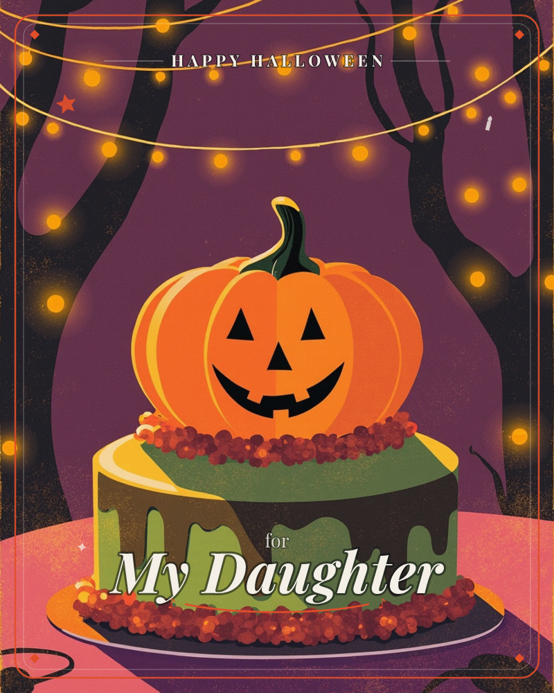 A grinning jack-o'-lantern sits atop a green drip cake studded with dark red candy trim, set against a deep purple night with bare trees strung with…, a halloween e-card design