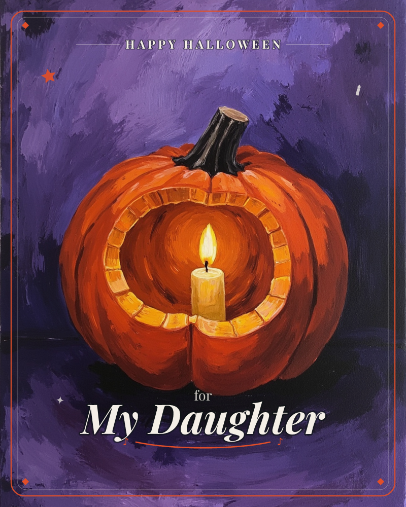 A hollowed pumpkin sits against a swirling deep purple night sky, its round opening cut clean to hold a single lit candle, a halloween e-card design