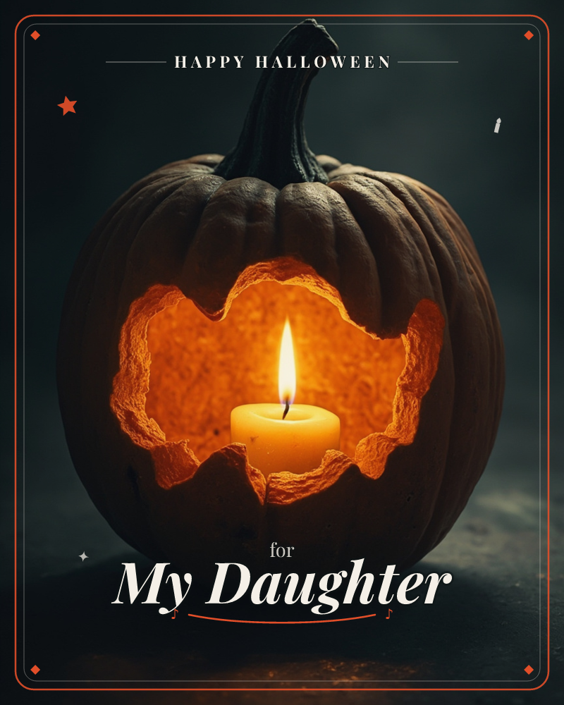 A dark pumpkin sits against an inky background, its side torn open in a jagged, uneven hole rather than a clean carved shape, a halloween e-card design