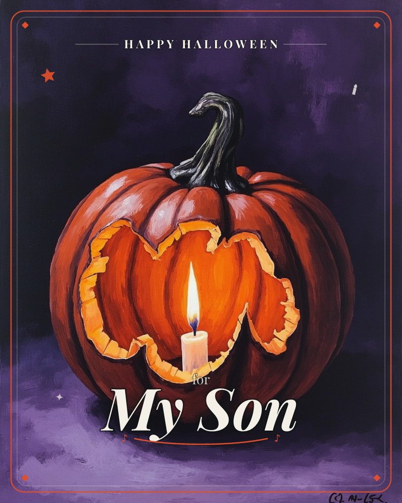 A single carved pumpkin sits against a deep purple backdrop, its curling black stem twisting upward like a question mark, a halloween e-card design