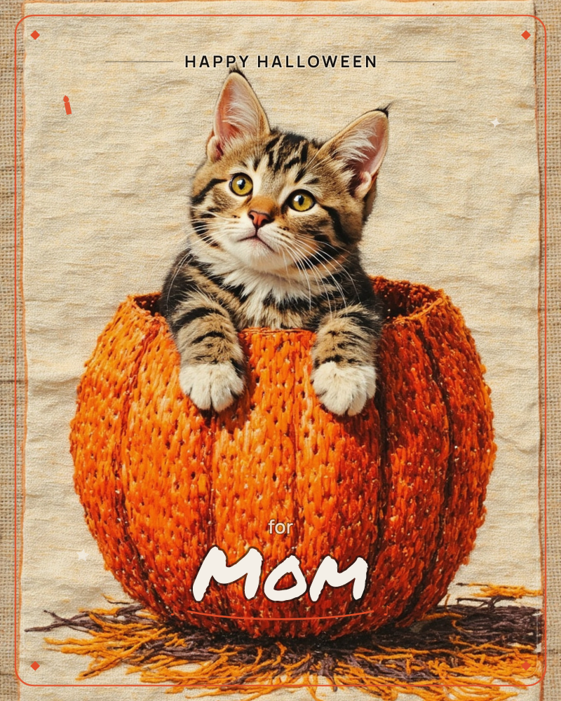 A tabby kitten with wide amber eyes peeks out from inside a plump orange pumpkin, its white paws resting on the ribbed rind, a halloween e-card design
