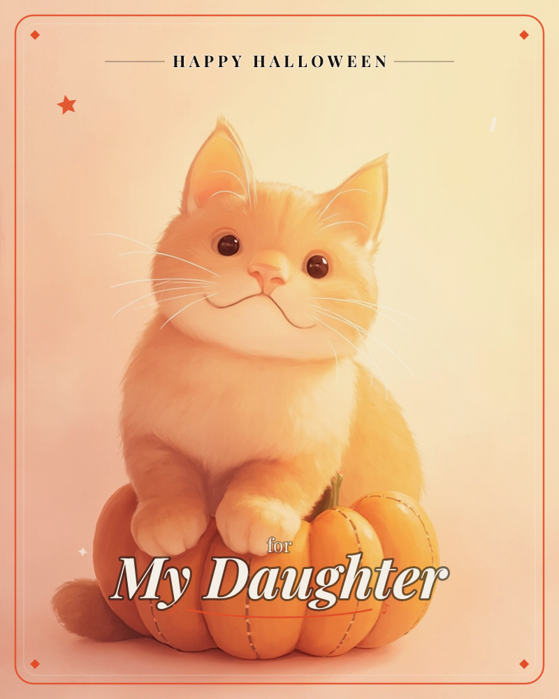 A round-faced ginger cat sits perched atop a plump orange pumpkin, paws draped over its ridges, smiling softly against a warm peach glow, a halloween e-card design
