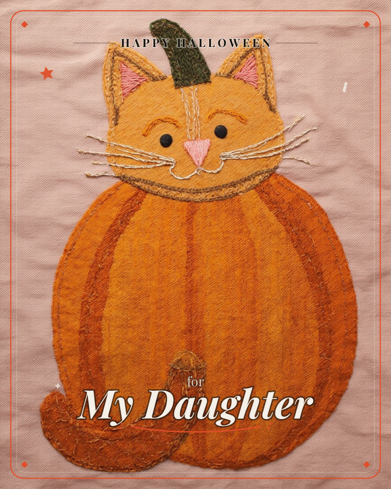 A felt-and-fabric appliqué card shows a cat whose round body has been stitched to look like a ridged orange pumpkin, complete with a stubby green stem…, a halloween e-card design