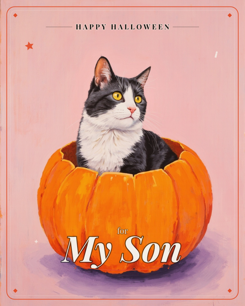 A black and white cat with bright yellow eyes sits nestled inside a fat orange pumpkin, its body tucked between the ridged grooves, a halloween e-card design