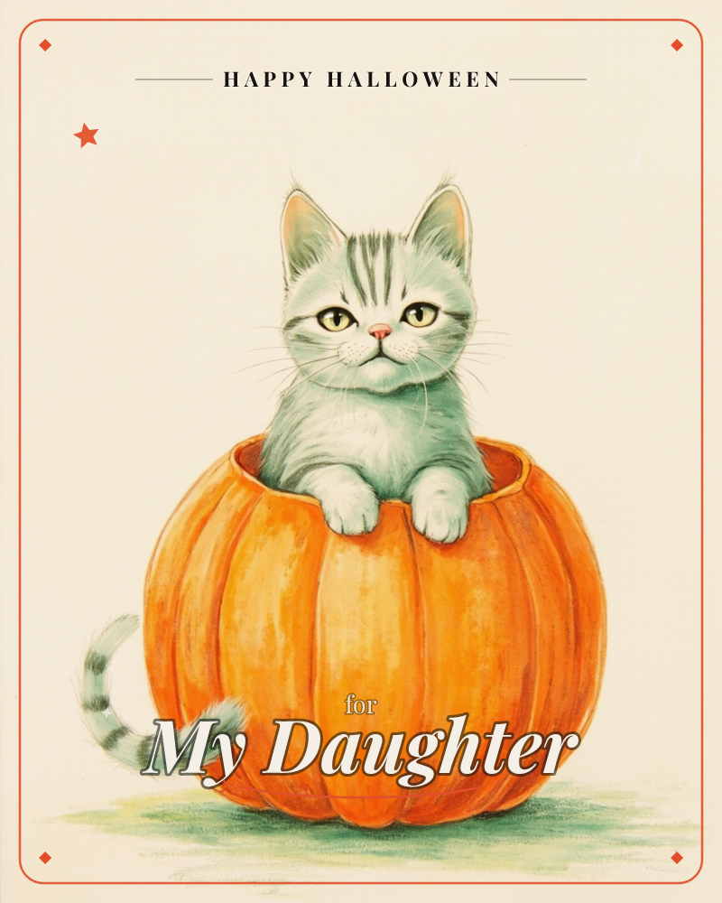 A grey tabby kitten sits nestled inside a hollowed-out orange pumpkin, its paws draped over the carved rim and striped tail curling out below, a halloween e-card design