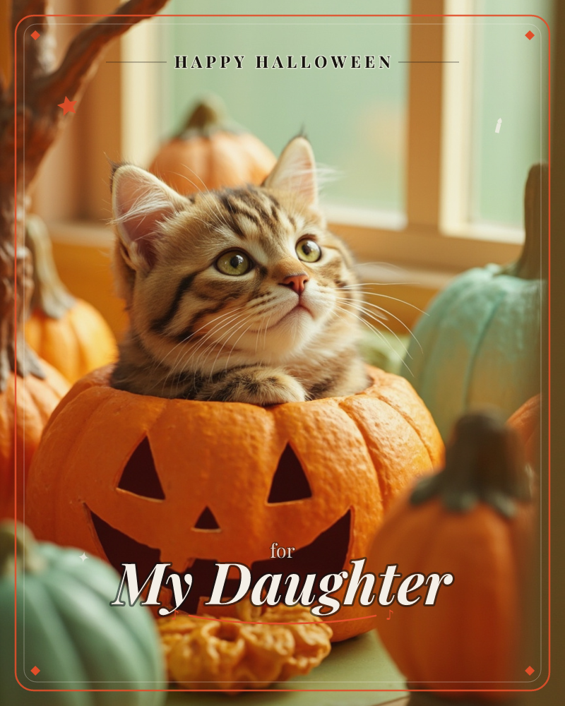 A striped tabby kitten peers wide-eyed out of a carved jack-o'-lantern, surrounded by a mix of orange and sage-green pumpkins on a windowsill, a halloween e-card design