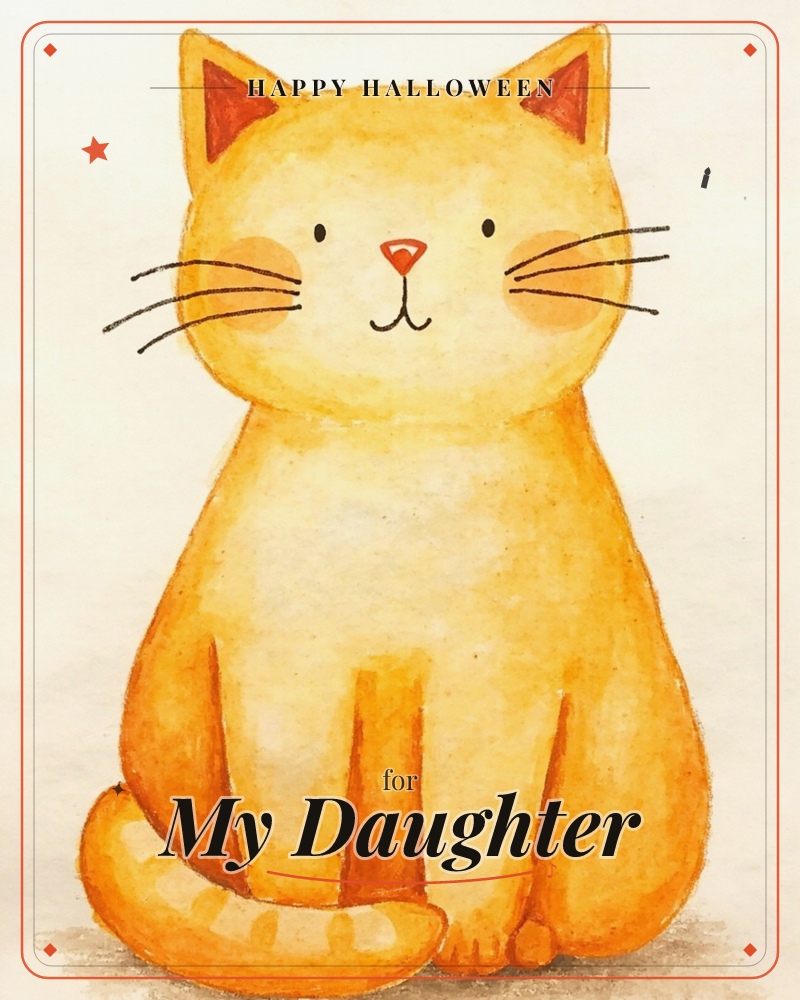 A round, plump orange cat sits front and centre against a plain cream background, its tail curled neatly around its paws, a halloween e-card design