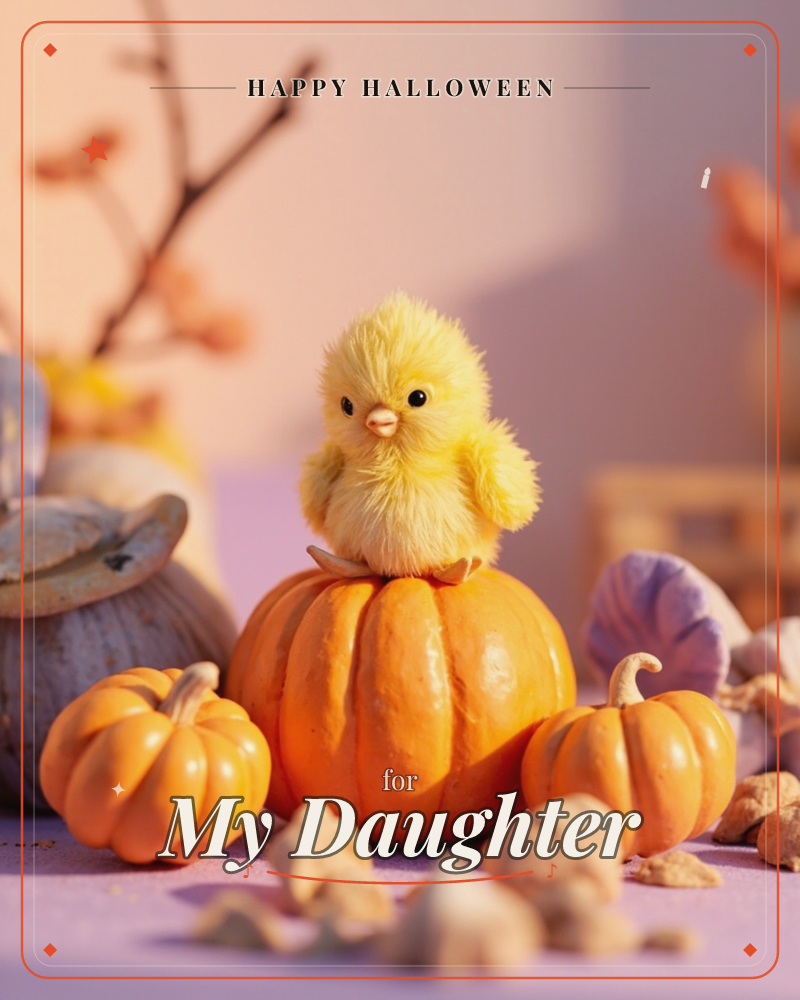 A fuzzy yellow chick figure perches on top of a small orange pumpkin, surrounded by a scattering of mini pumpkins, dried gourds, and a bare branch with…, a halloween e-card design