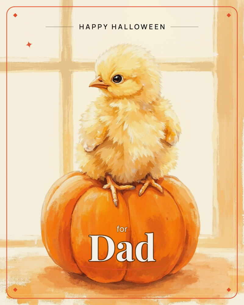 A fluffy yellow chick perches on top of a round orange pumpkin, set against a soft cream window with pale wooden frames behind it, a halloween e-card design