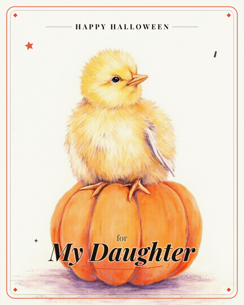 A fluffy yellow chick perches on top of a plump orange pumpkin, its little claws gripping the ridged surface, a halloween e-card design