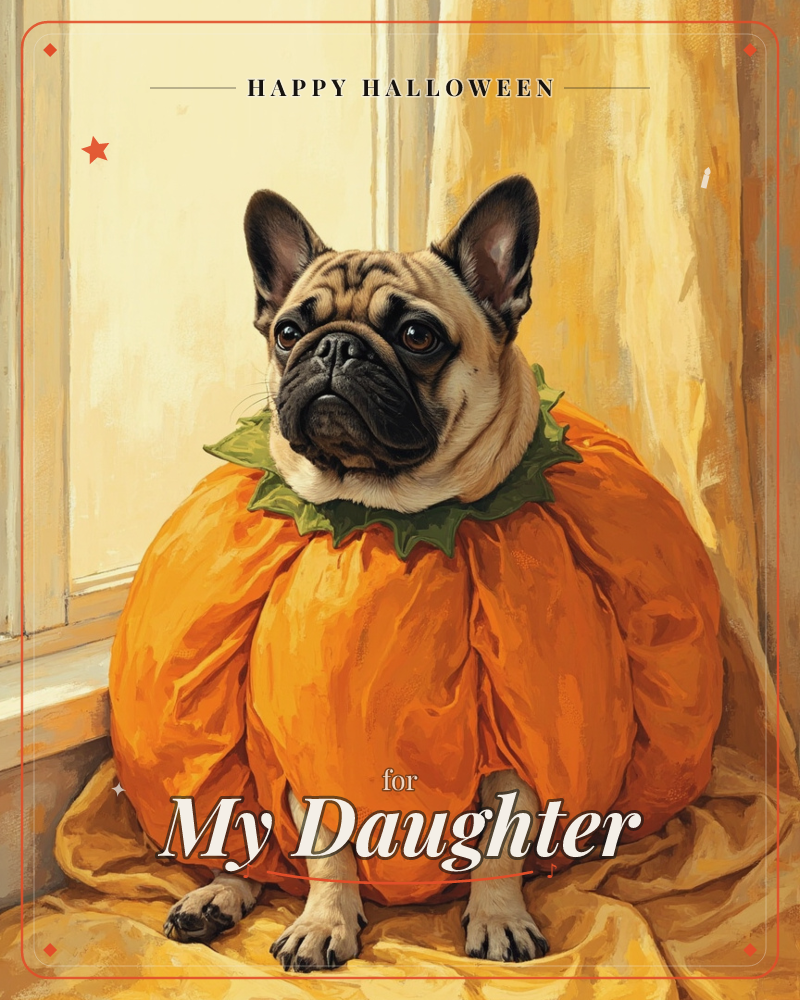 A French bulldog sits by a sunlit window, dressed head to paw in a puffy orange pumpkin costume with a green felt collar, a halloween e-card design