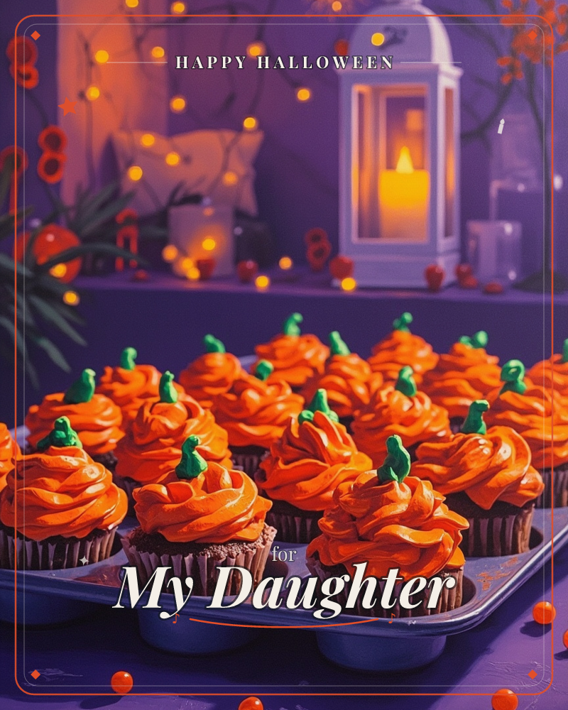 A tray of chocolate cupcakes swirled with bright orange frosting and little green stem toppers, styled to look like tiny pumpkins, sits on a purple-lit…, a halloween e-card design