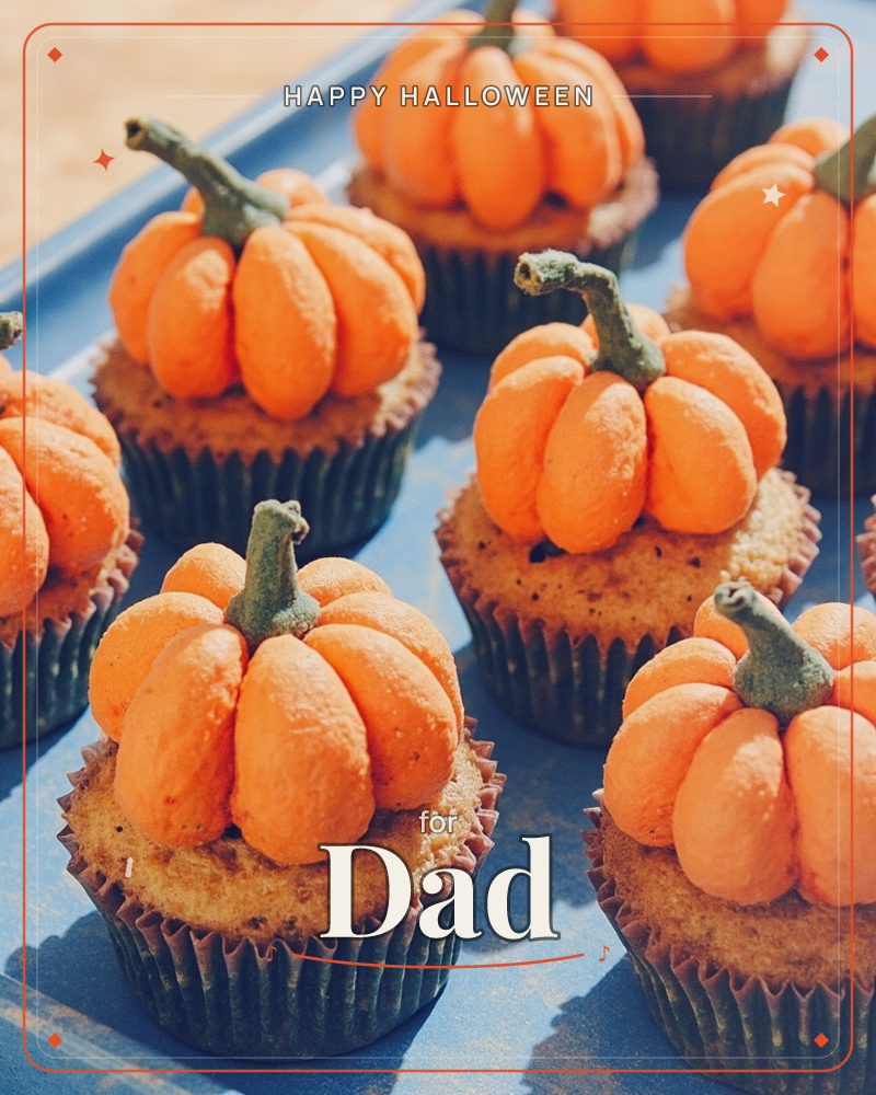 A tray of spiced cupcakes is topped with piped orange frosting shaped into tiny ribbed pumpkins, each with a curling green-brown stem, a halloween e-card design