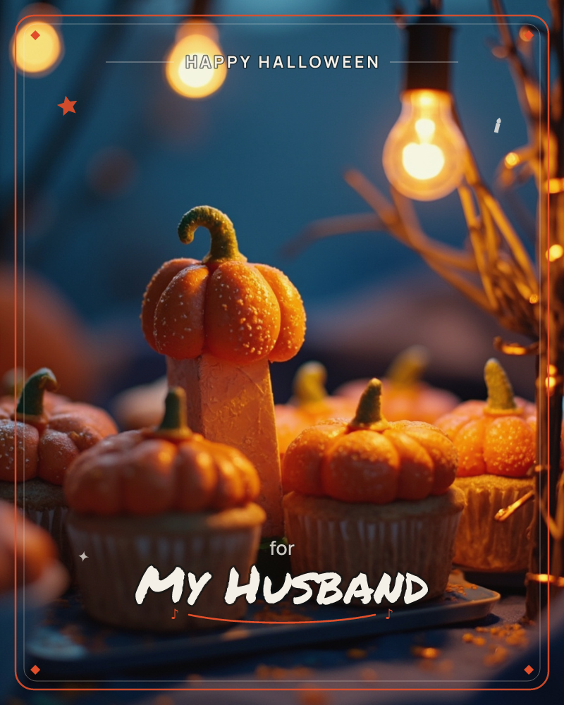 Cupcakes topped with sugar-frosted pumpkin fondant sit clustered on a dark tray, one raised higher on a pale pedestal at the centre, a halloween e-card design