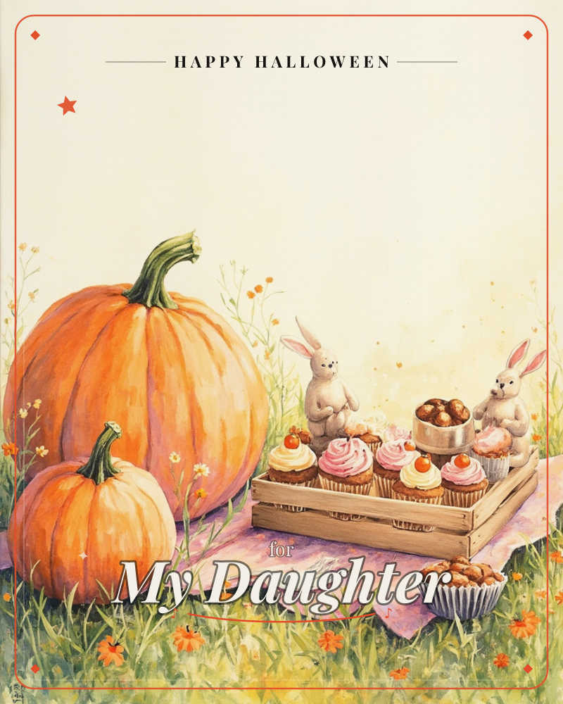 A pair of plump orange pumpkins sits beside a lavender picnic cloth spread with a wooden crate of frosted cupcakes and a bowl of chocolate truffles, a halloween e-card design