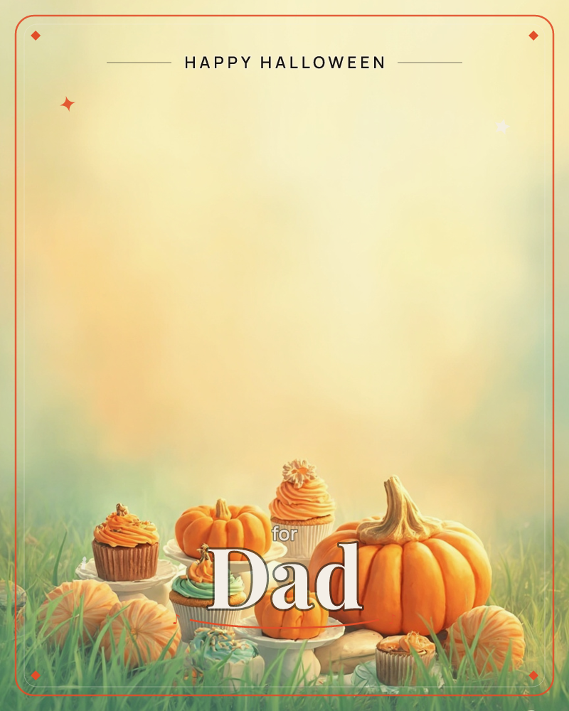 A cluster of plump orange pumpkins sits among frosted cupcakes topped with swirls of orange and mint icing, arranged on little pedestals in tall grass, a halloween e-card design