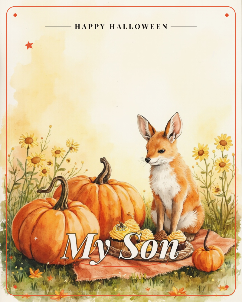 A young fox sits upright beside two round pumpkins, surrounded by tall yellow daisies and a woven basket of frosted cupcakes on a rust-coloured cloth, a halloween e-card design