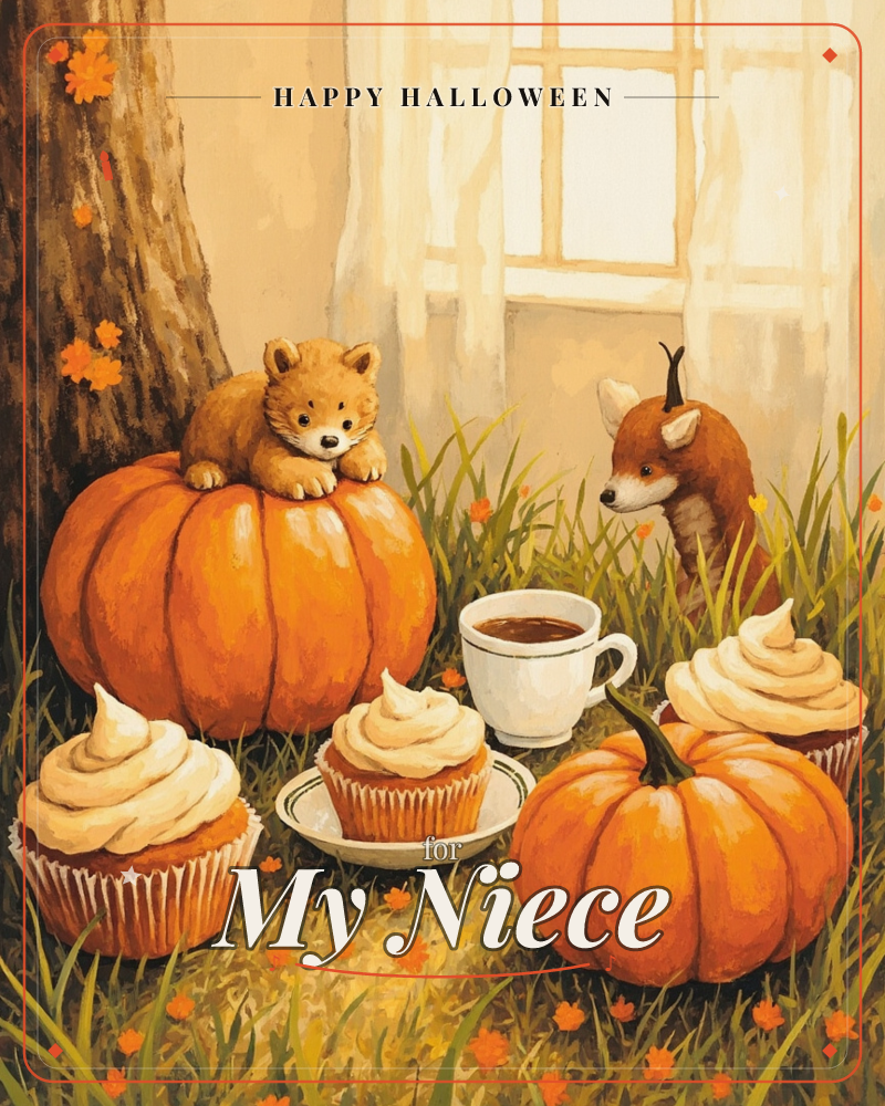 A small bear cub perches on a big orange pumpkin beside a curious fox pup peeking through tall grass, with frosted cupcakes and a cup of coffee…, a halloween e-card design