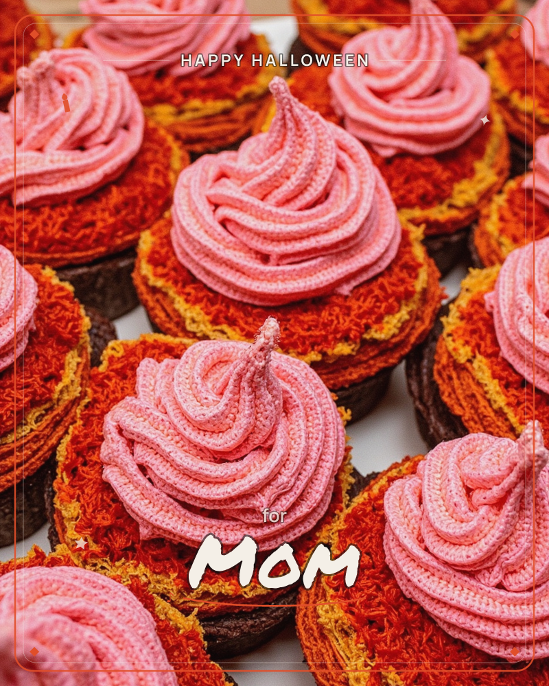 Rows of cupcakes fill the frame from edge to edge, each topped with a swirled pink icing peak over layers of orange, gold and brown crocheted or…, a halloween e-card design