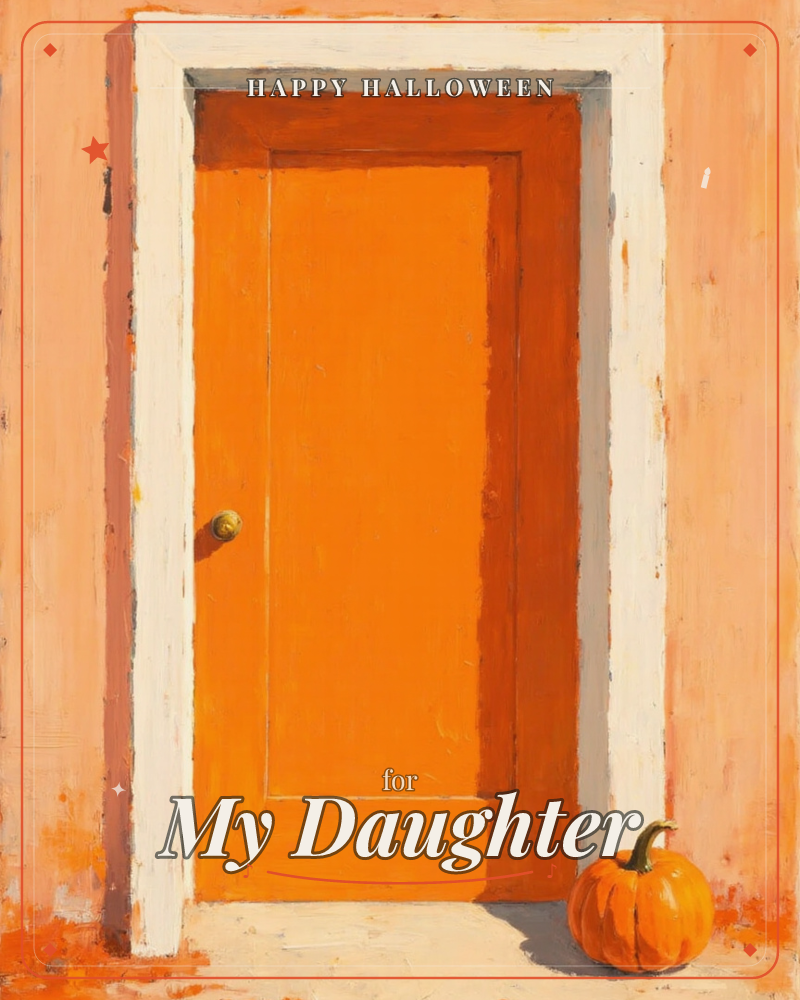 A bright orange door with a white-painted frame stands against a warm peach-toned wall, sunlight raking across the paint in loose, textured strokes, a halloween e-card design