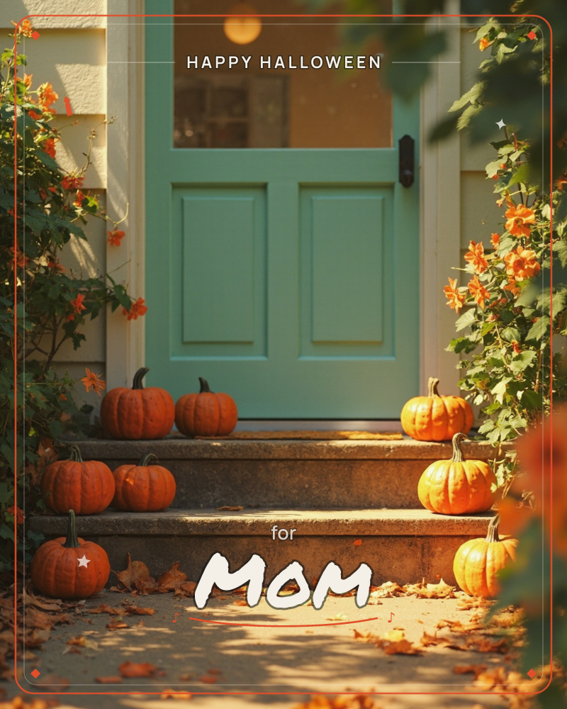 A mint-green front door with a glass pane sits atop stone steps scattered with small orange pumpkins and fallen autumn leaves, a halloween e-card design