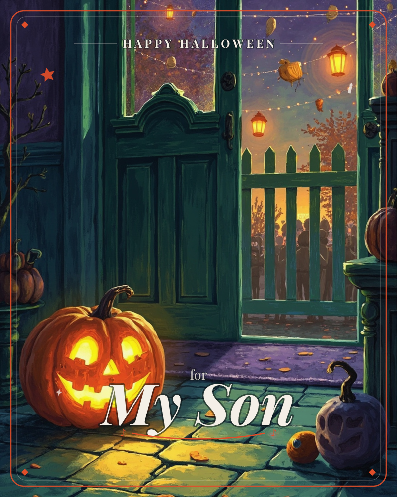 A glowing jack-o'-lantern grins on a stone porch beside an open teal door, with a white carved pumpkin and small orange gourd nearby, a halloween e-card design
