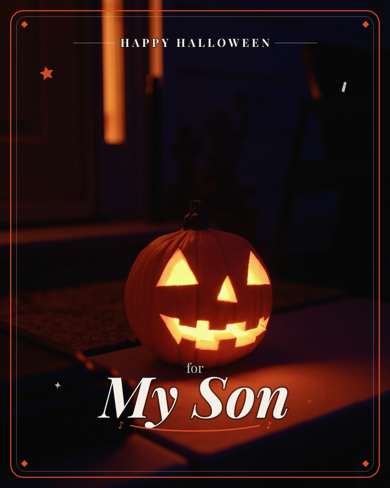 A carved jack-o'-lantern glows on a dark porch step at night, its triangle eyes and jagged grin lit from within by a warm orange candle, a halloween e-card design