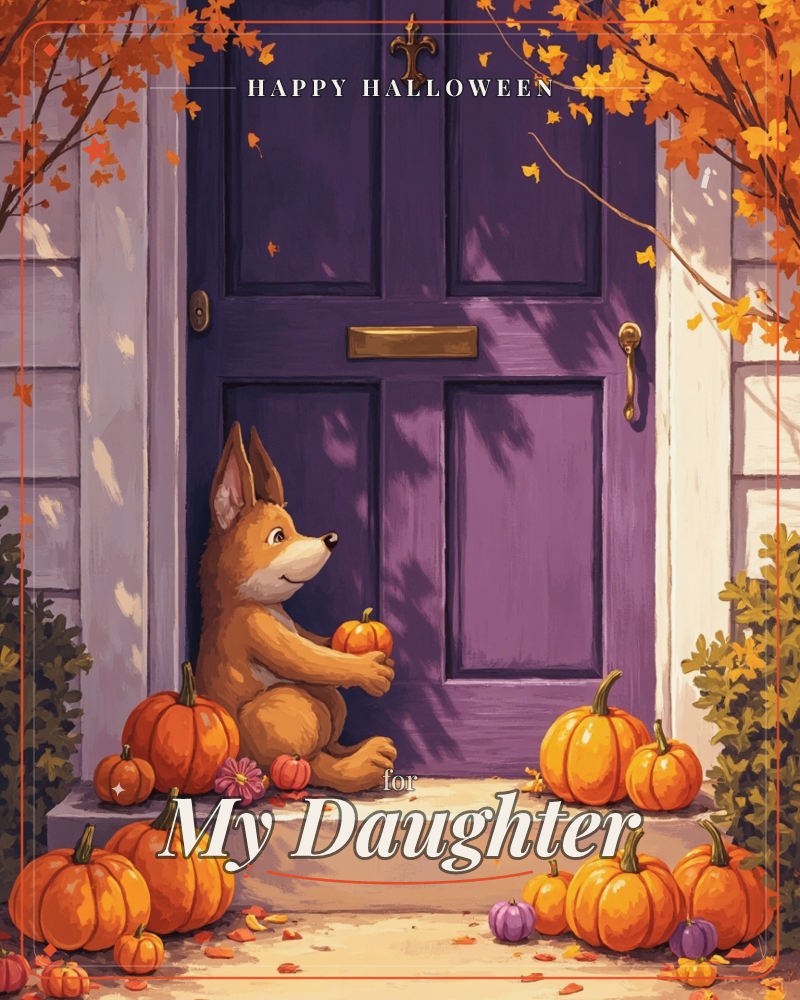 A small fox sits on a doorstep before a tall purple door, cradling a little pumpkin in its paws, a halloween e-card design