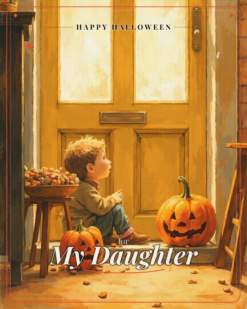 A small child sits alone on a doorstep beside two carved jack-o'-lanterns, gazing up at a glowing yellow front door, a halloween e-card design