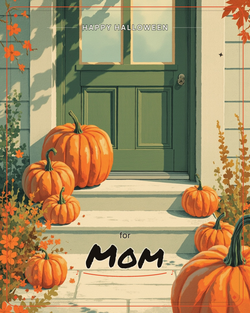 A green front door with glass panels sits at the top of pale stone steps, framed by clusters of plump orange pumpkins of all sizes, a halloween e-card design