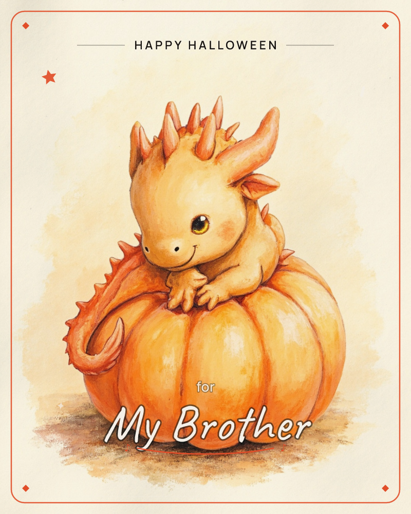 A small round-bellied dragon with soft spikes down its back curls happily over a plump orange pumpkin, tail looped around the base, a halloween e-card design