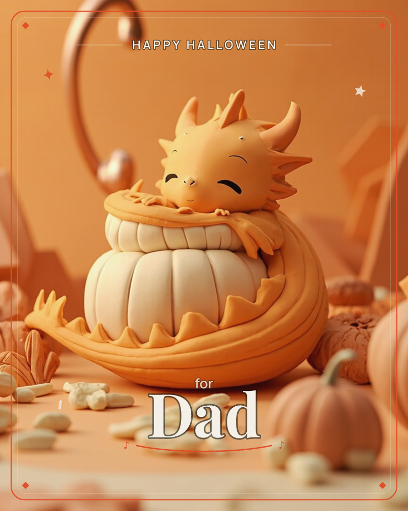 A small horned dragon in soft clay-orange tones curls its long tail around a plump pumpkin, resting its chin on top with eyes closed in a peaceful smile, a halloween e-card design