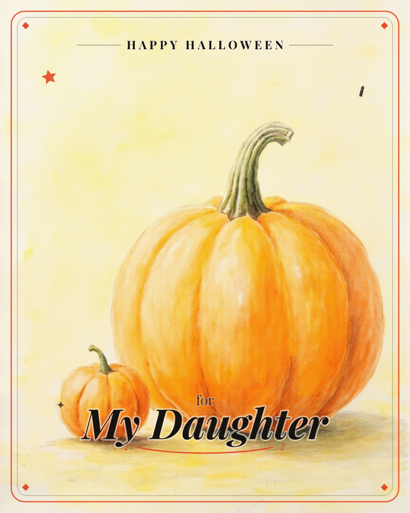 A large ridged pumpkin with a curling green-brown stem sits beside its own miniature twin on a soft yellow background, a halloween e-card design