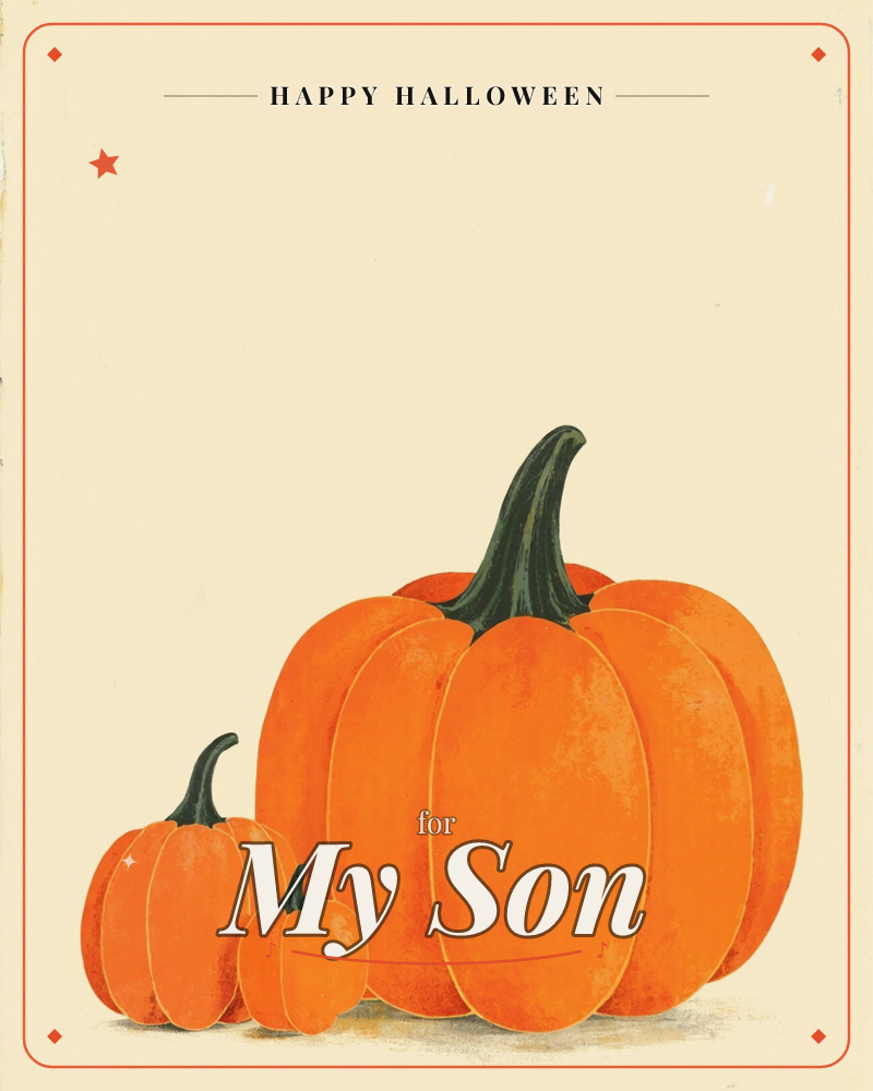 Three pumpkins in descending size stand together against a plain warm cream background, each with a dark green curling stem, a halloween e-card design
