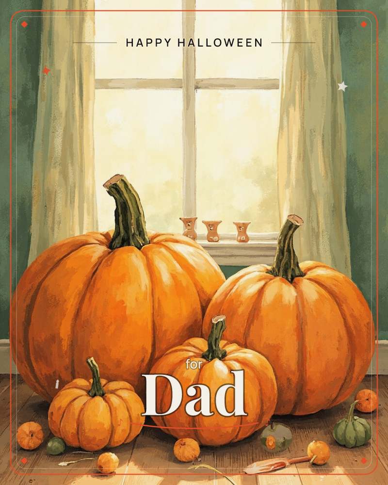 A cluster of plump orange pumpkins sits on a wooden floor beside a sunlit window framed with pale curtains and painted teal walls, a halloween e-card design