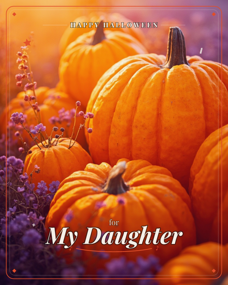 A cluster of ribbed orange pumpkins glows in warm sunset light, their curved stems catching golden highlights, a halloween e-card design