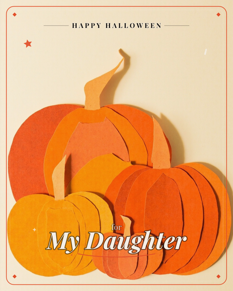 A cluster of layered paper pumpkins, cut in graduated shades of orange, rust and gold, stands against a warm cream background, a halloween e-card design