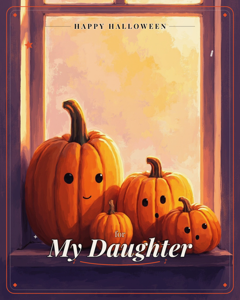 Four pumpkins of different sizes sit lined up on a purple windowsill, each painted with a simple smiling face, while a glowing golden-orange sky pours…, a halloween e-card design