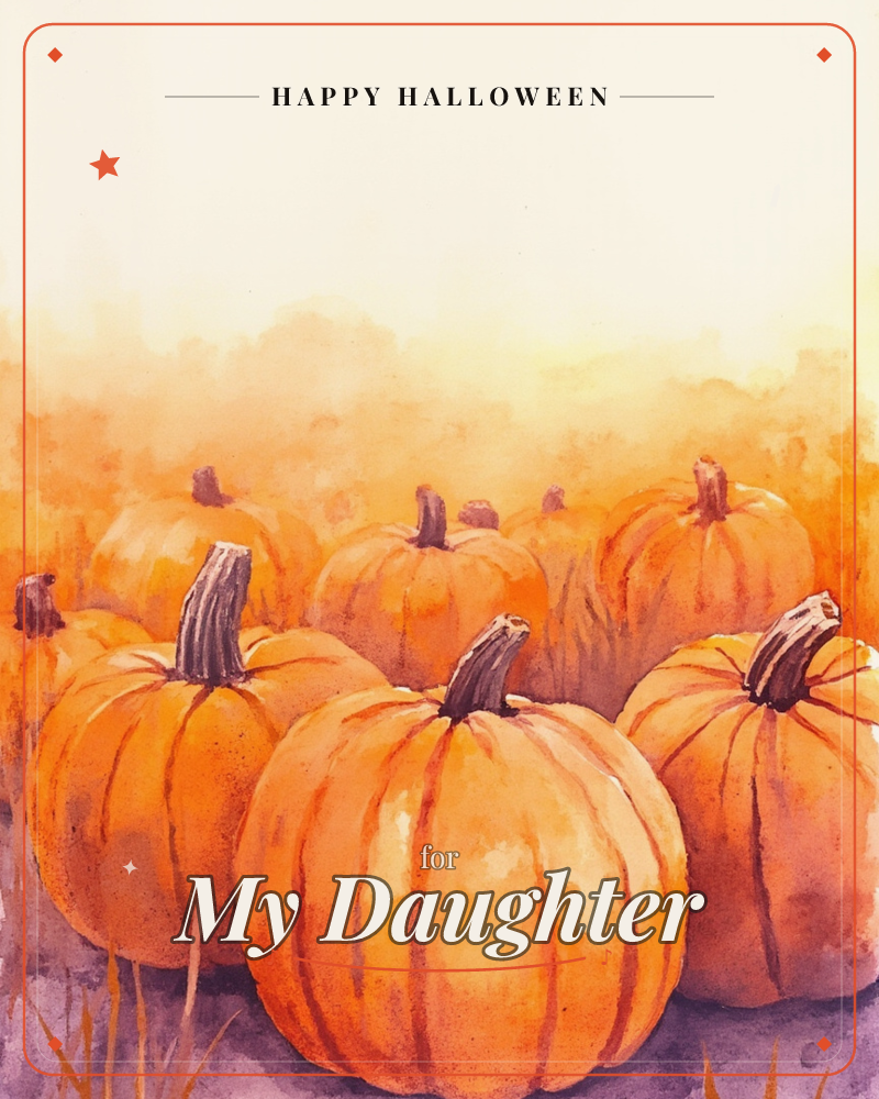 A cluster of plump orange pumpkins with woody brown stems fills a patch, painted in loose watercolour washes that bleed into a hazy tree line beyond, a halloween e-card design