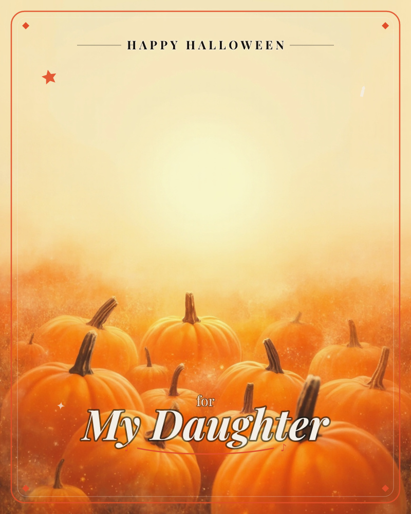 A cluster of rounded pumpkins with dark curling stems fills the foreground of a hazy autumn field, glowing under a low golden sun that fades into a…, a halloween e-card design
