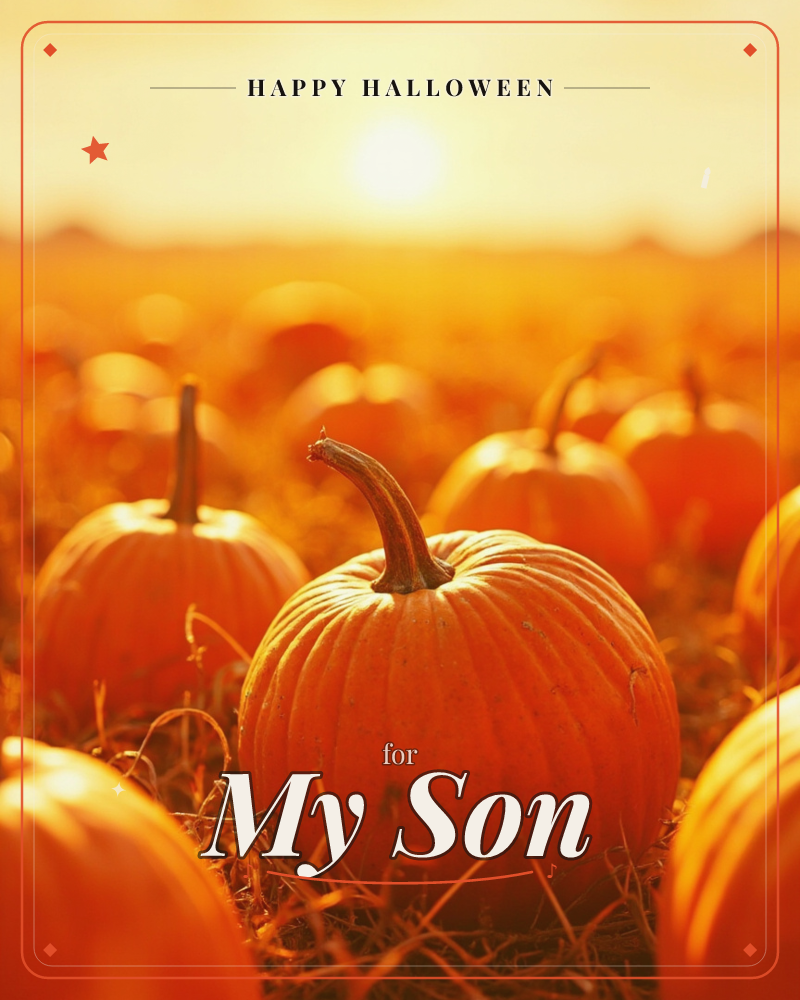 A pumpkin patch glows under a low, bright sun, its light turning the whole field amber and gold, a halloween e-card design