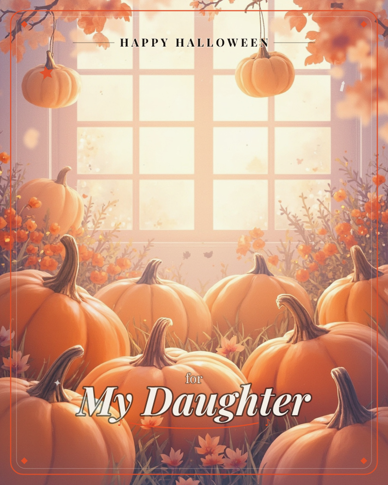 A cluster of round orange pumpkins fills a sunlit room in front of a large paned window, with two more pumpkins hanging as if suspended from branches…, a halloween e-card design