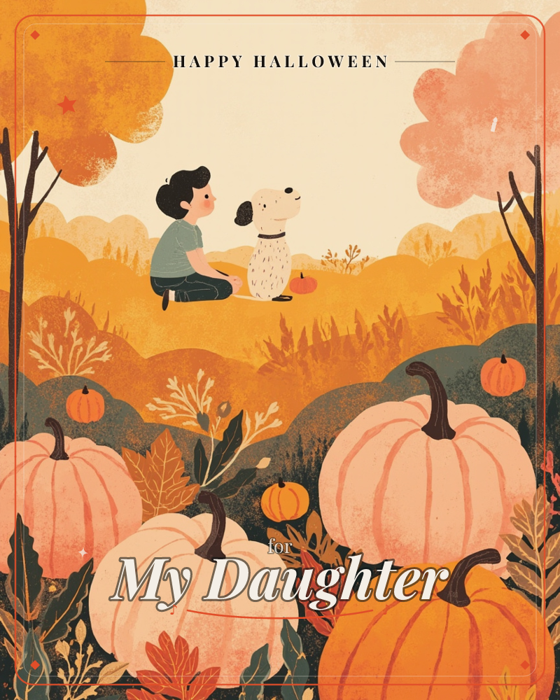 A child sits cross-legged in a rolling autumn field, nose to nose with a spotted dog, small pumpkins scattered around them beneath two trees in orange…, a halloween e-card design