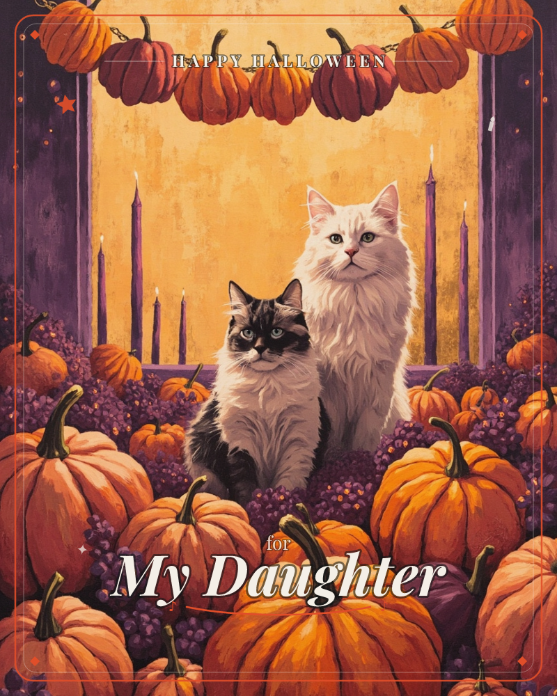Two fluffy cats, one white and one tabby-patched, sit side by side amid a heaped display of orange and dark purple pumpkins, a halloween e-card design