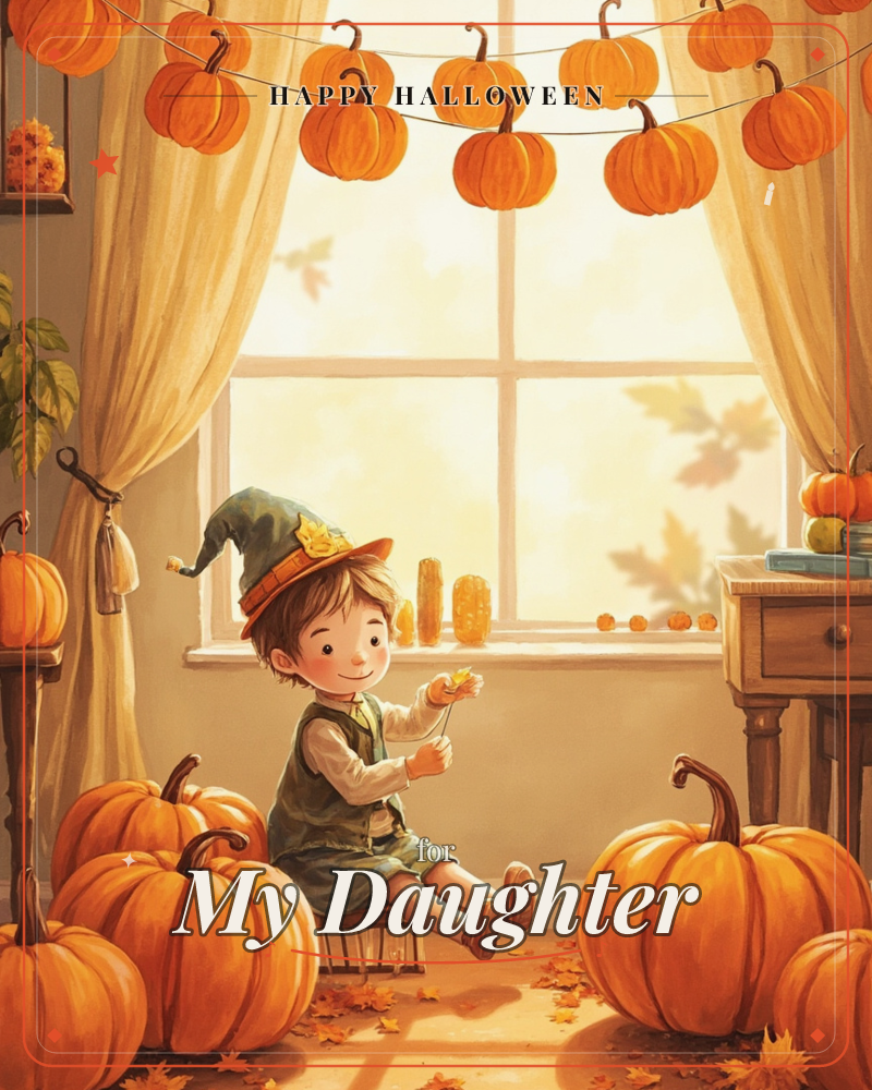 A child in a green witch-style hat and vest sits on a small wooden stool by a sunlit window, surrounded by plump orange pumpkins and scattered autumn…, a halloween e-card design